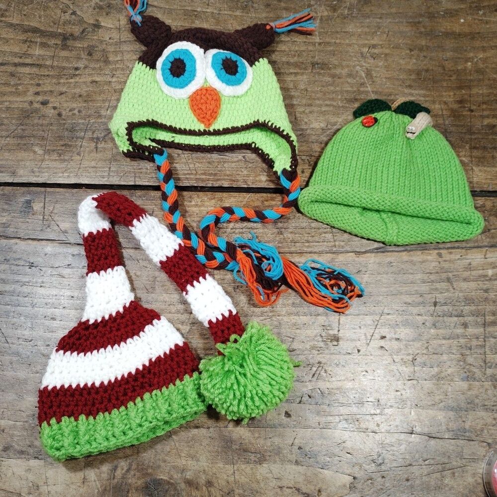 Baby Hand Knit Hat Handmade Crochet Cap Long Tail Christmas Apple Owl Lot New